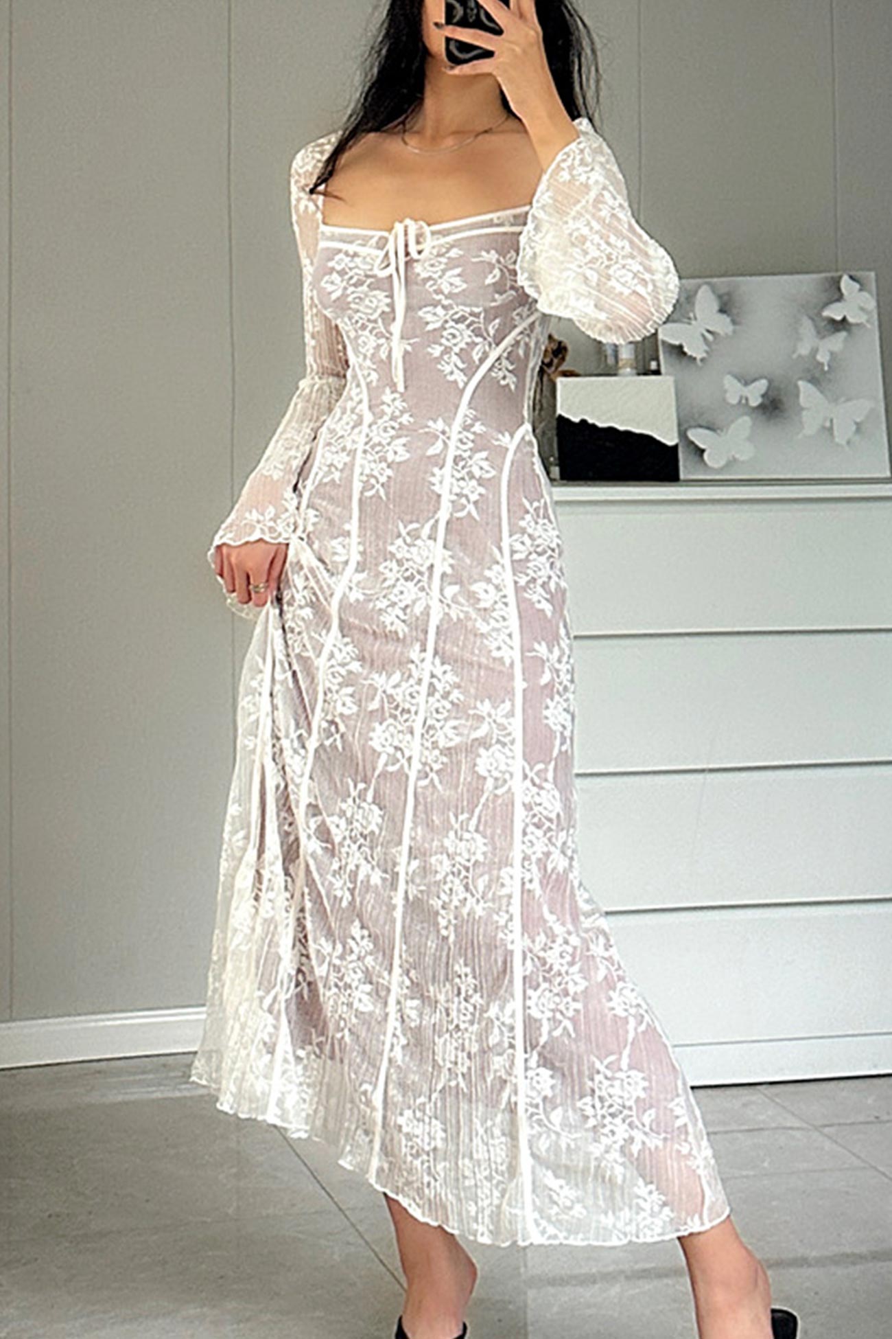 TastyHottie - Lace Tie-up Flares Sleeve Midi Dress