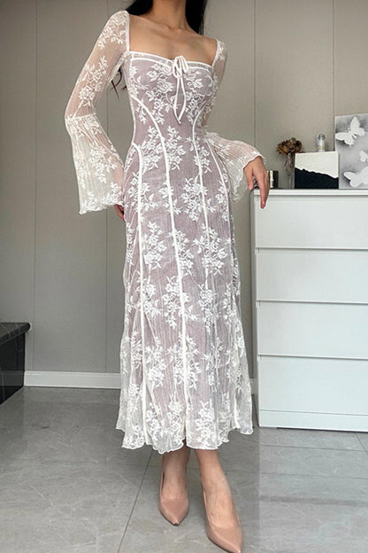 TastyHottie - Lace Tie-up Flares Sleeve Midi Dress