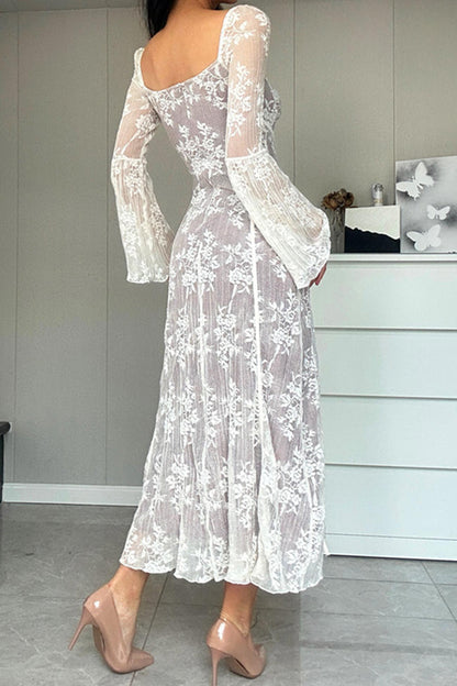 TastyHottie - Lace Tie-up Flares Sleeve Midi Dress