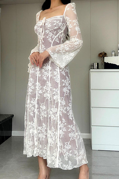 TastyHottie - Lace Tie-up Flares Sleeve Midi Dress