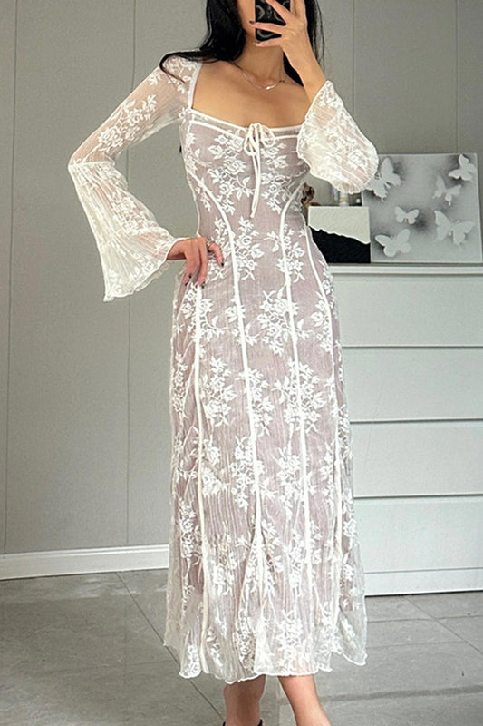 TastyHottie - Lace Tie-up Flares Sleeve Midi Dress