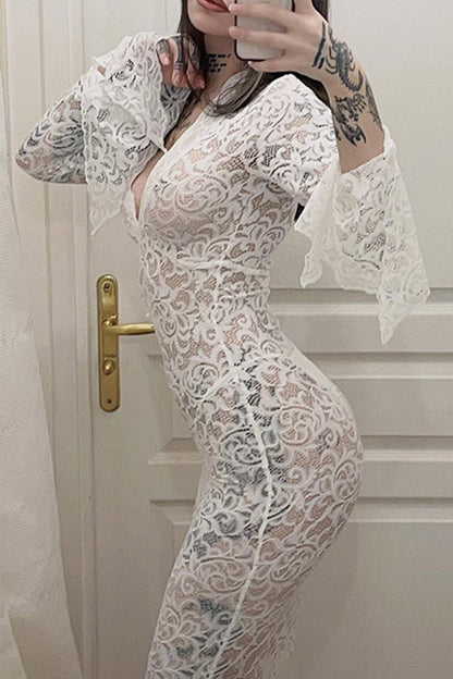 TastyHottie - Lace V Neck Flares Sleeve Dress