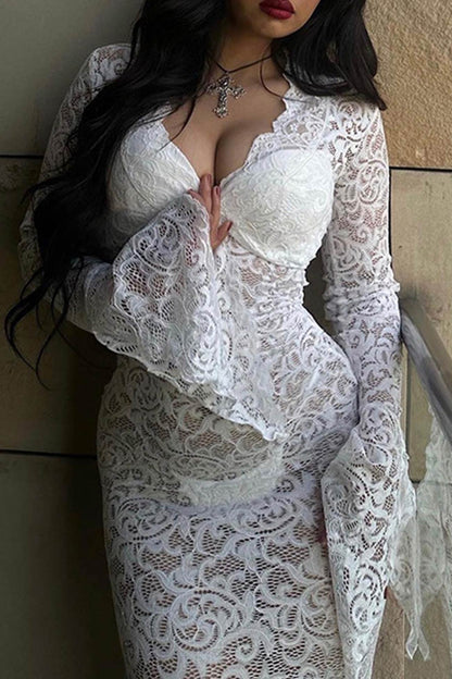 TastyHottie - Lace V Neck Flares Sleeve Dress