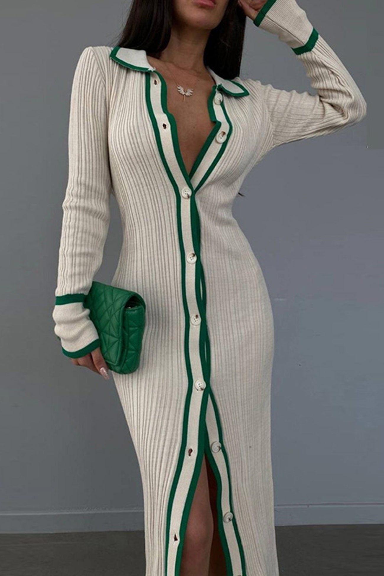 TastyHottie - Lapel Contrast Single-breasted Ribbed Dress