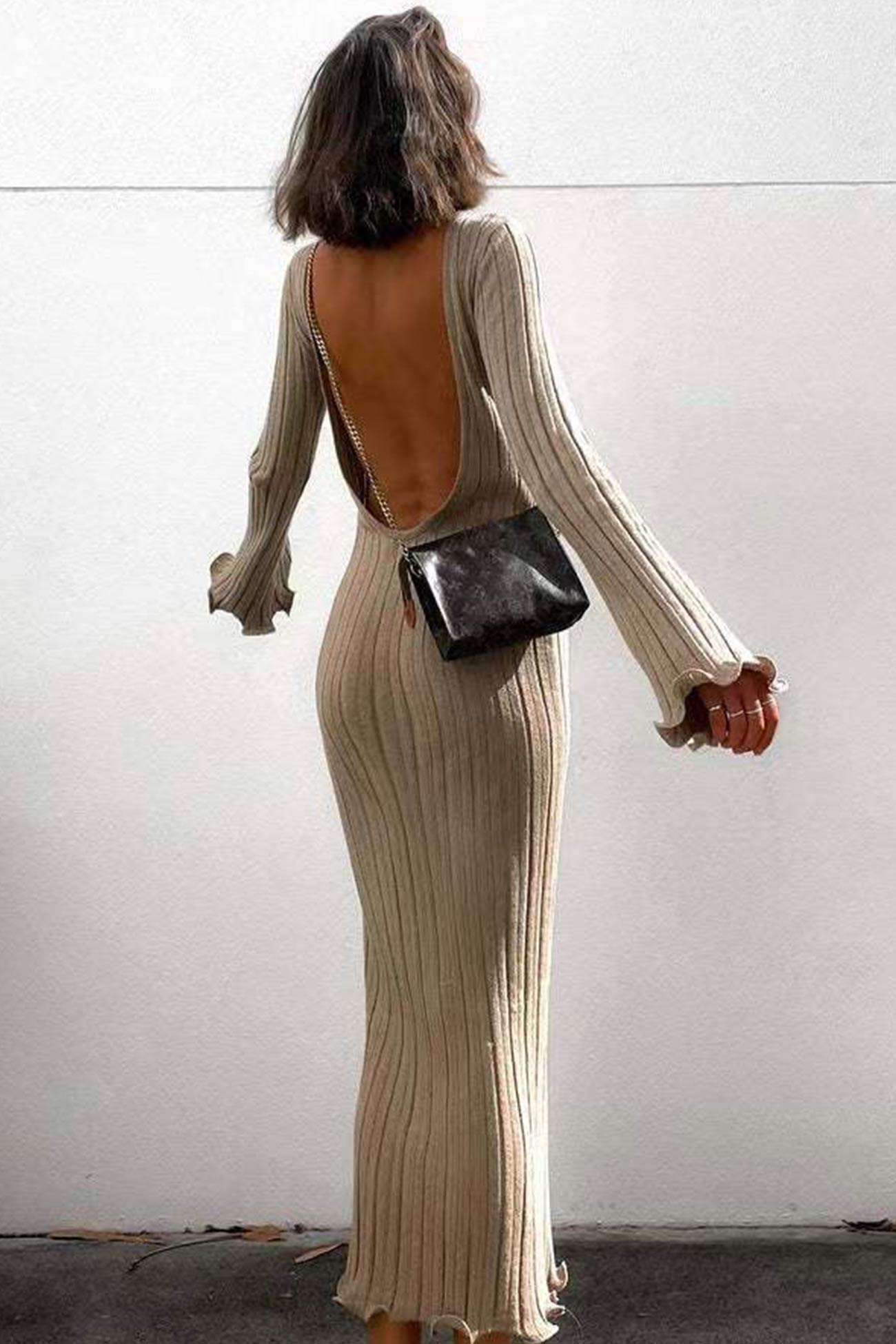 TastyHottie - Long Flares Sleeve Backless Ribbed Knit Dress