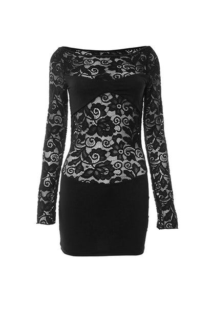 TastyHottie - Long Sleeve Lace Hollow Out Pack Hip Dress