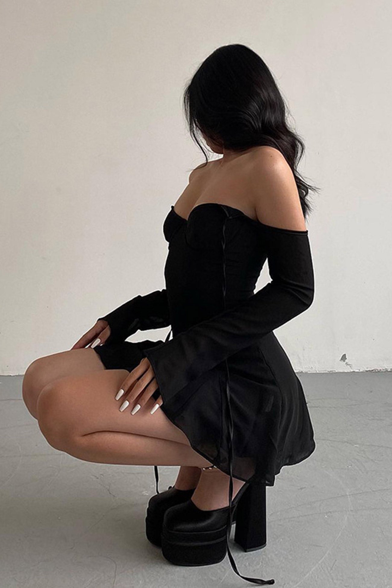 TastyHottie - Mesh Off Shoulder Tie-back Mini Dress