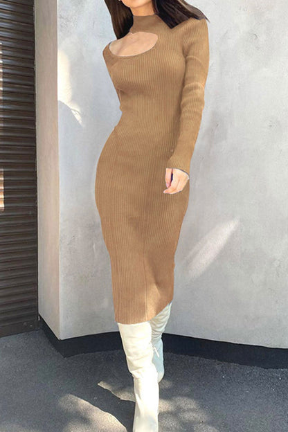 TastyHottie - Mock Neck Cutout Ribbed Knit Dress