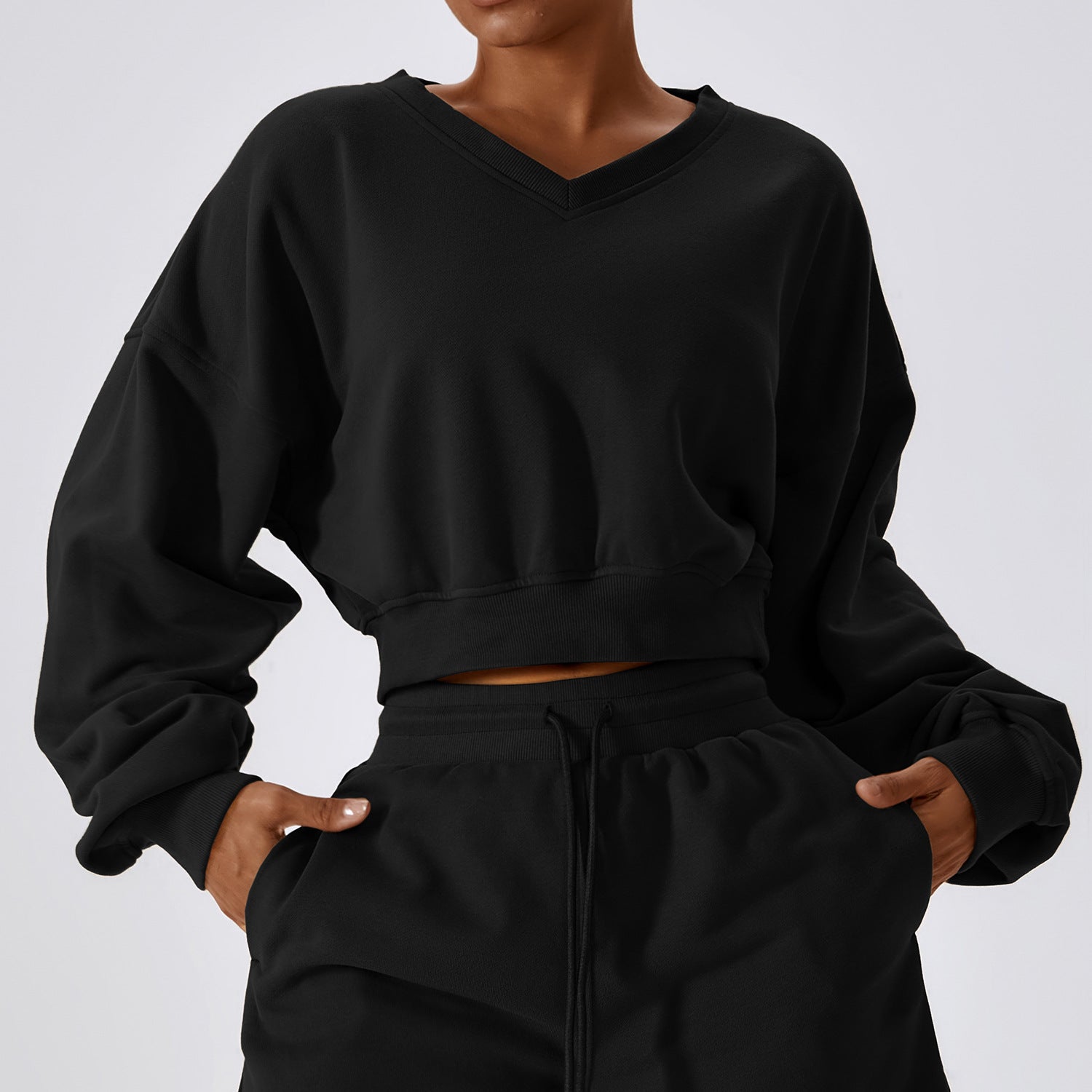 Loose Long Sleeve Sweatshirt Outdoor Keep Warm V Neck Pullover All Matching Casual Sweatshirt Top Advanced Black 2 pieces clothes lounge sets sweaters