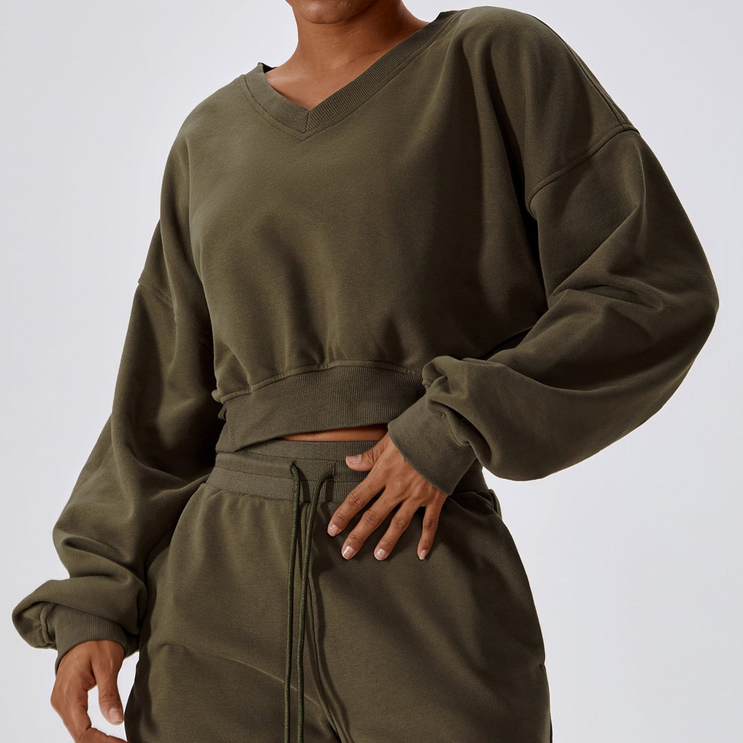 Loose Long Sleeve Sweatshirt Outdoor Keep Warm V Neck Pullover All Matching Casual Sweatshirt Top Olive Green 2 pieces clothes lounge sets sweaters