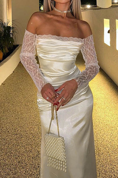 TastyHottie - Off Shoulder Lace Sleeve Satin Ruched Dress