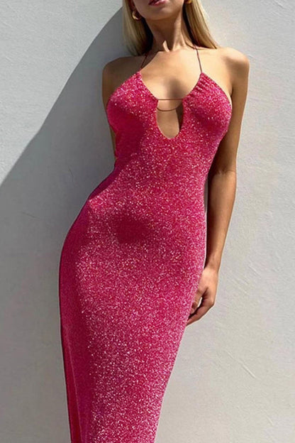 TastyHottie - Pink Glitter Tie-back Slit Dress