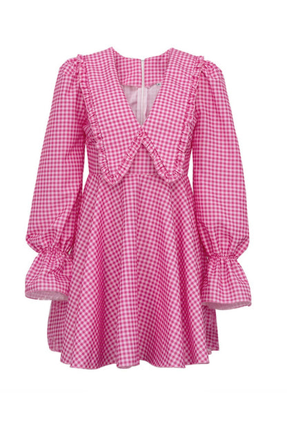 TastyHottie - Pink Plaid Lapel A-Line Babydoll Dress