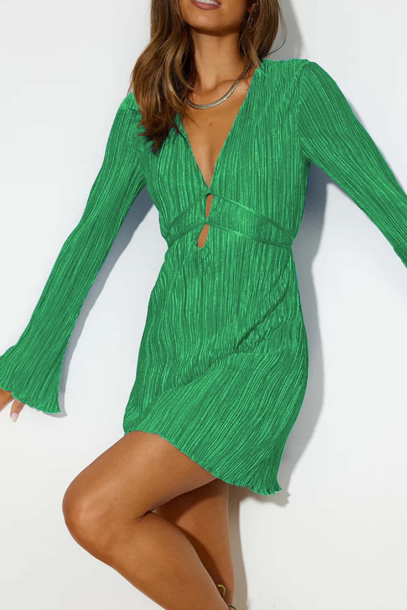 TastyHottie - Pleated Flares Sleeve Tie-up Mini Dress