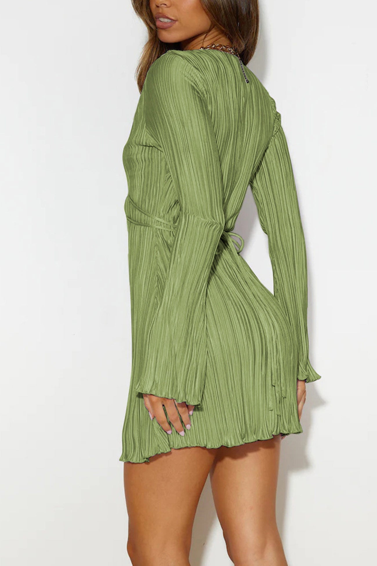 TastyHottie - Pleated Flares Sleeve Tie-up Mini Dress