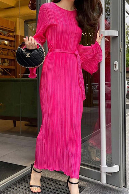 TastyHottie - Pleated Long Flares Sleeve Tie-waist Dress