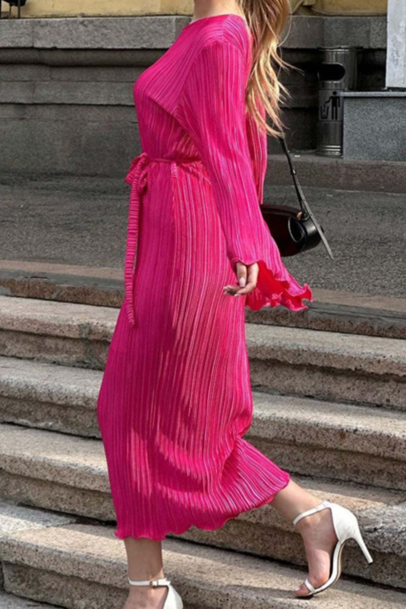 TastyHottie - Pleated Long Flares Sleeve Tie-waist Dress