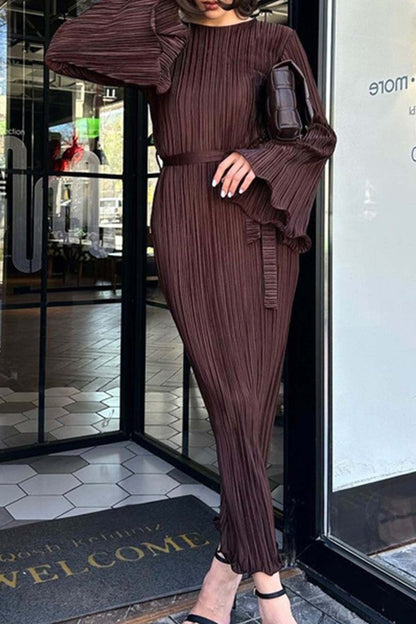 TastyHottie - Pleated Long Flares Sleeve Tie-waist Dress