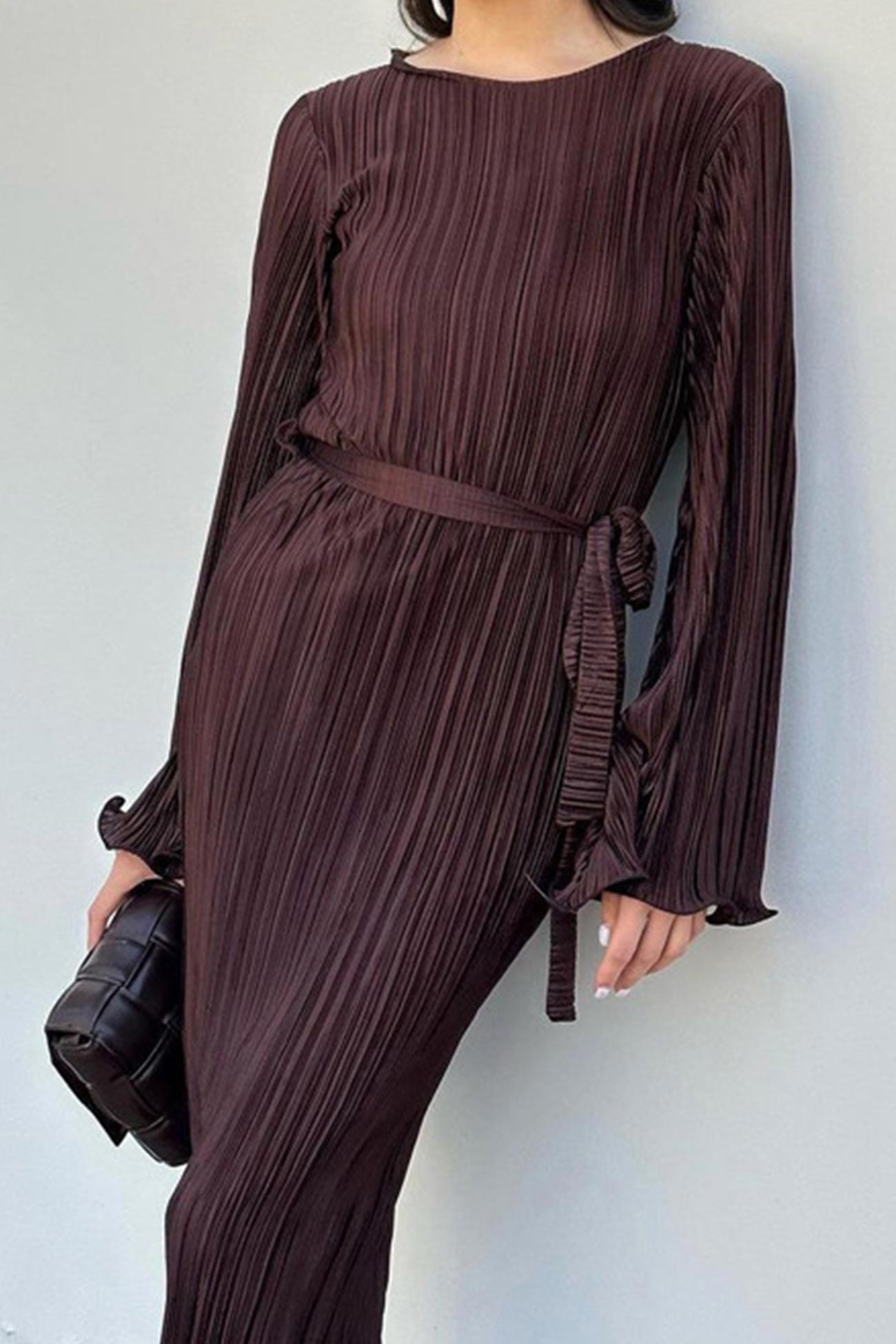 TastyHottie - Pleated Long Flares Sleeve Tie-waist Dress