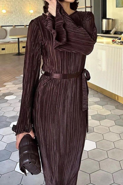 TastyHottie - Pleated Long Flares Sleeve Tie-waist Dress