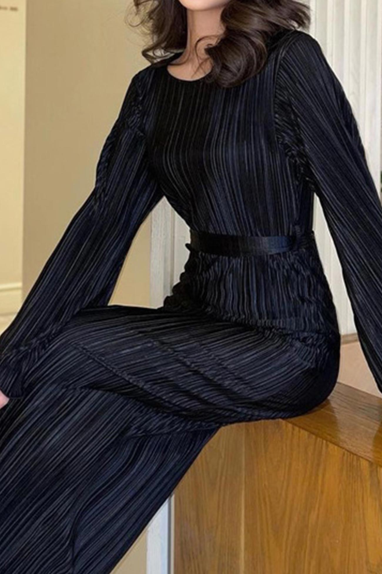 TastyHottie - Pleated Long Flares Sleeve Tie-waist Dress