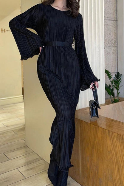 TastyHottie - Pleated Long Flares Sleeve Tie-waist Dress