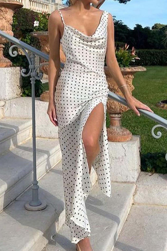 TastyHottie - Polka Dot Cowl Neck Slit Dress