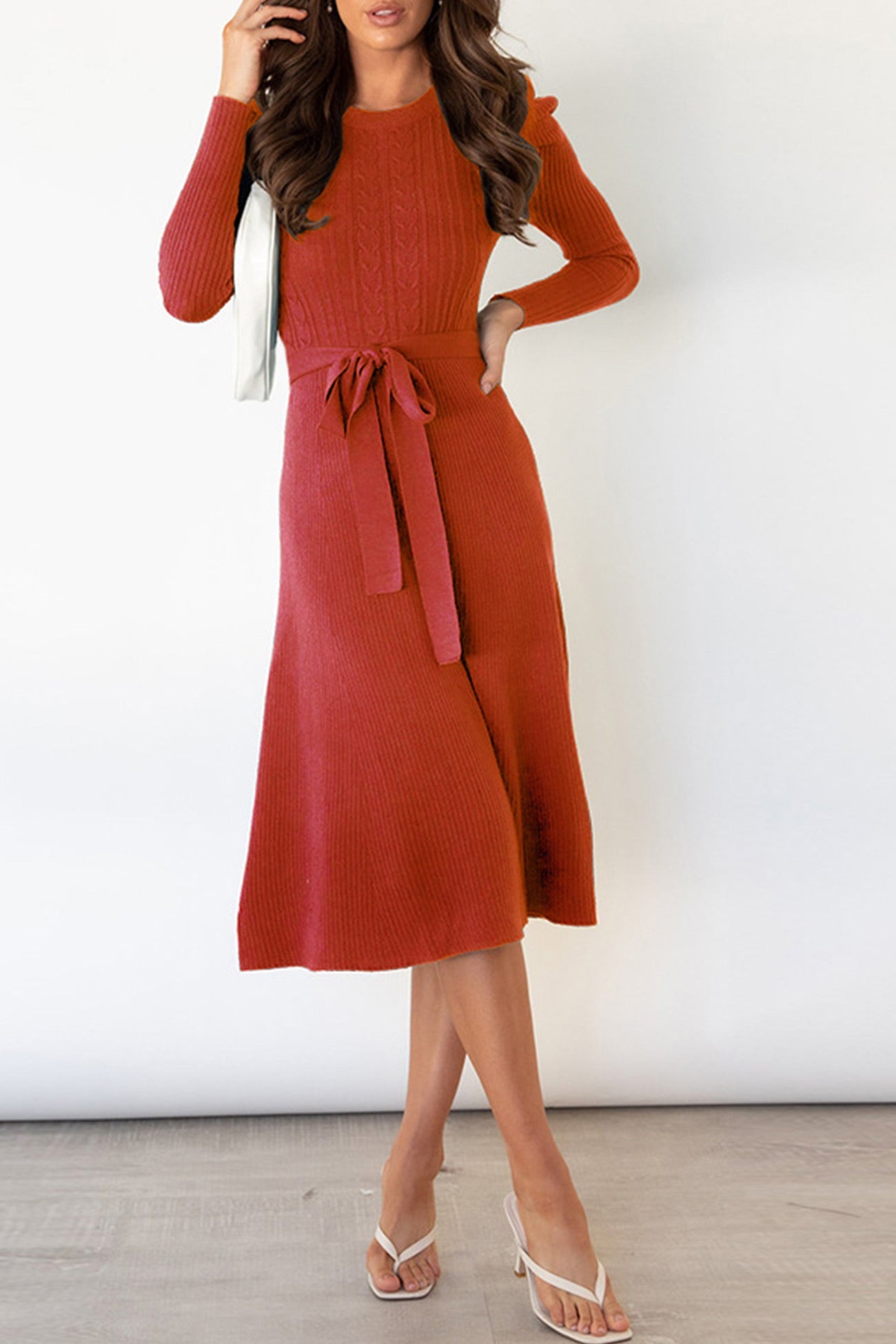 TastyHottie - Puff Sleeve Tie-waist Knit Dress