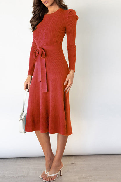 TastyHottie - Puff Sleeve Tie-waist Knit Dress