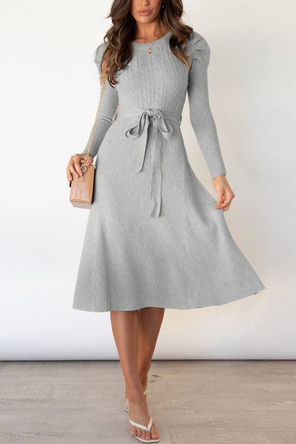 TastyHottie - Puff Sleeve Tie-waist Knit Dress