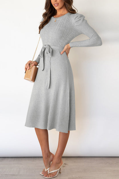 TastyHottie - Puff Sleeve Tie-waist Knit Dress