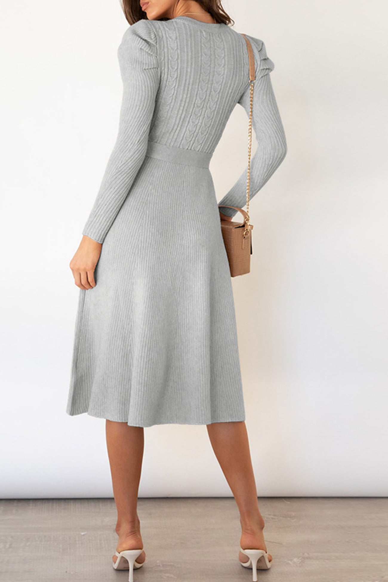 TastyHottie - Puff Sleeve Tie-waist Knit Dress