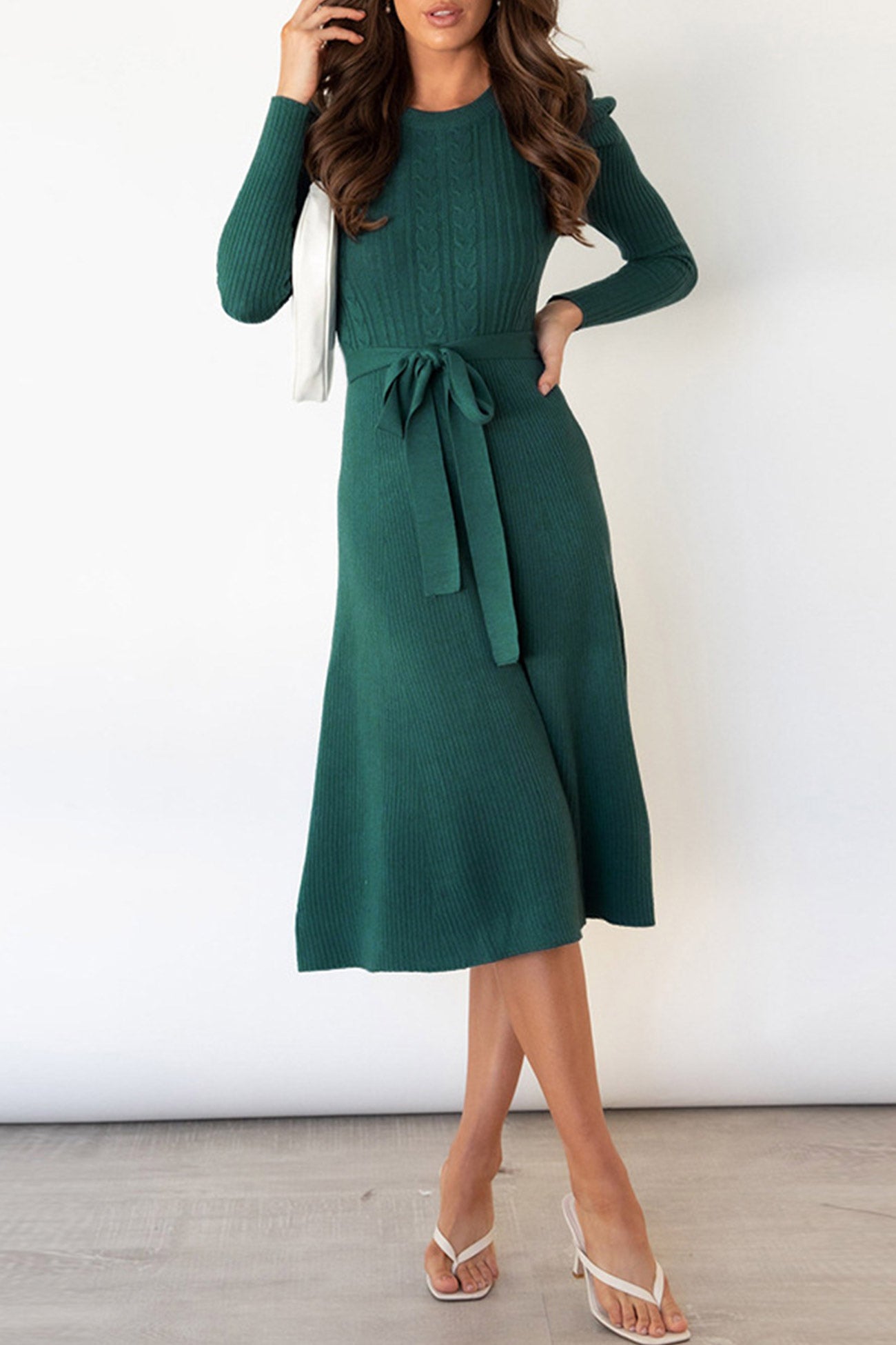 TastyHottie - Puff Sleeve Tie-waist Knit Dress