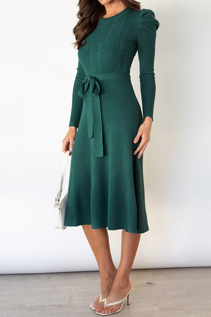 TastyHottie - Puff Sleeve Tie-waist Knit Dress