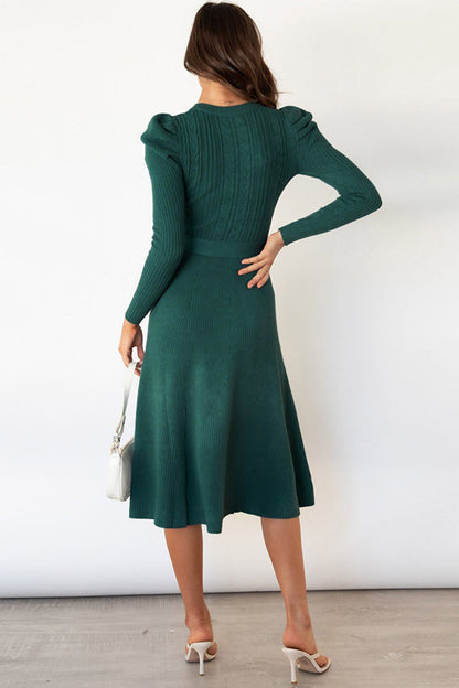 TastyHottie - Puff Sleeve Tie-waist Knit Dress