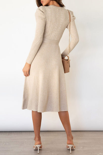 TastyHottie - Puff Sleeve Tie-waist Knit Dress