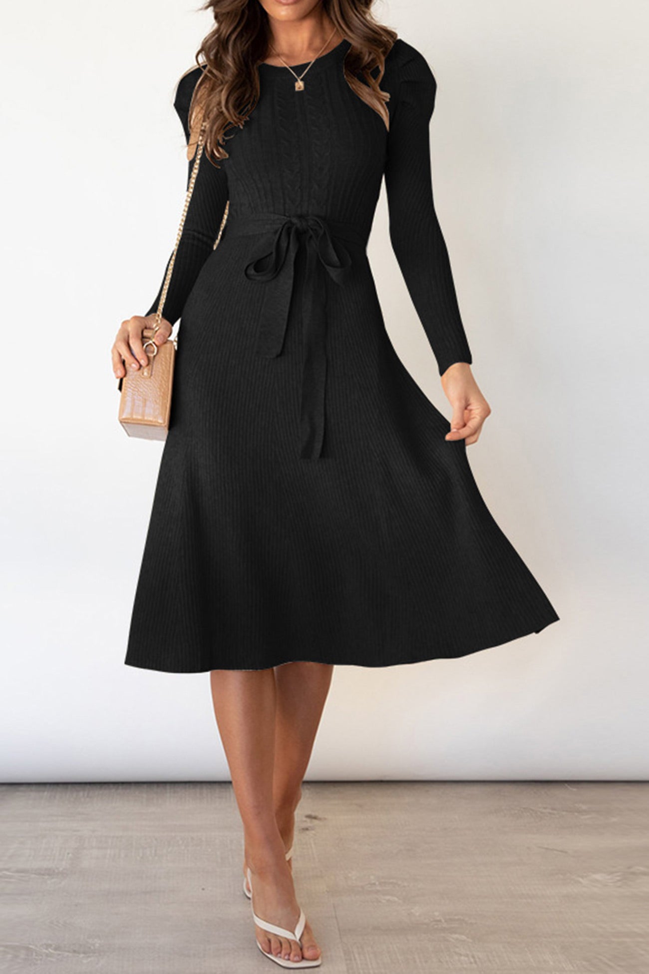 TastyHottie - Puff Sleeve Tie-waist Knit Dress