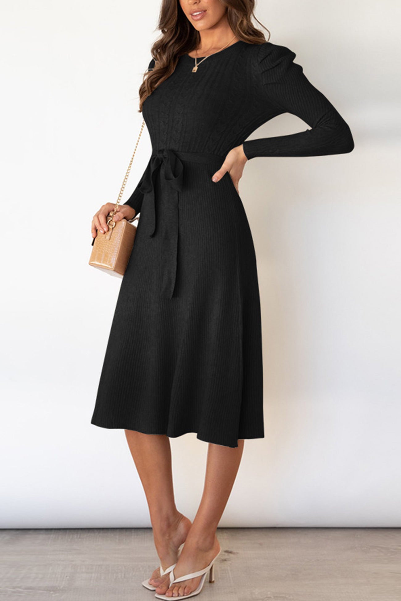 TastyHottie - Puff Sleeve Tie-waist Knit Dress