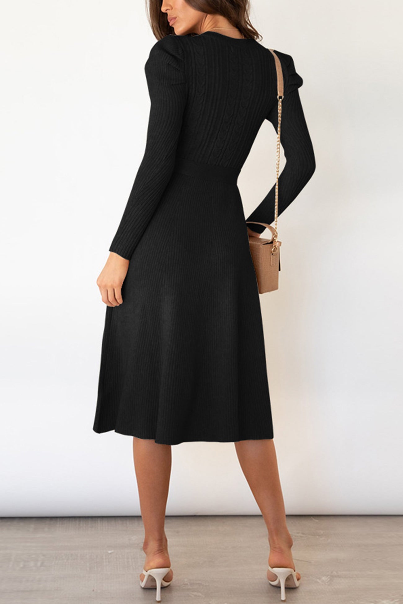 TastyHottie - Puff Sleeve Tie-waist Knit Dress