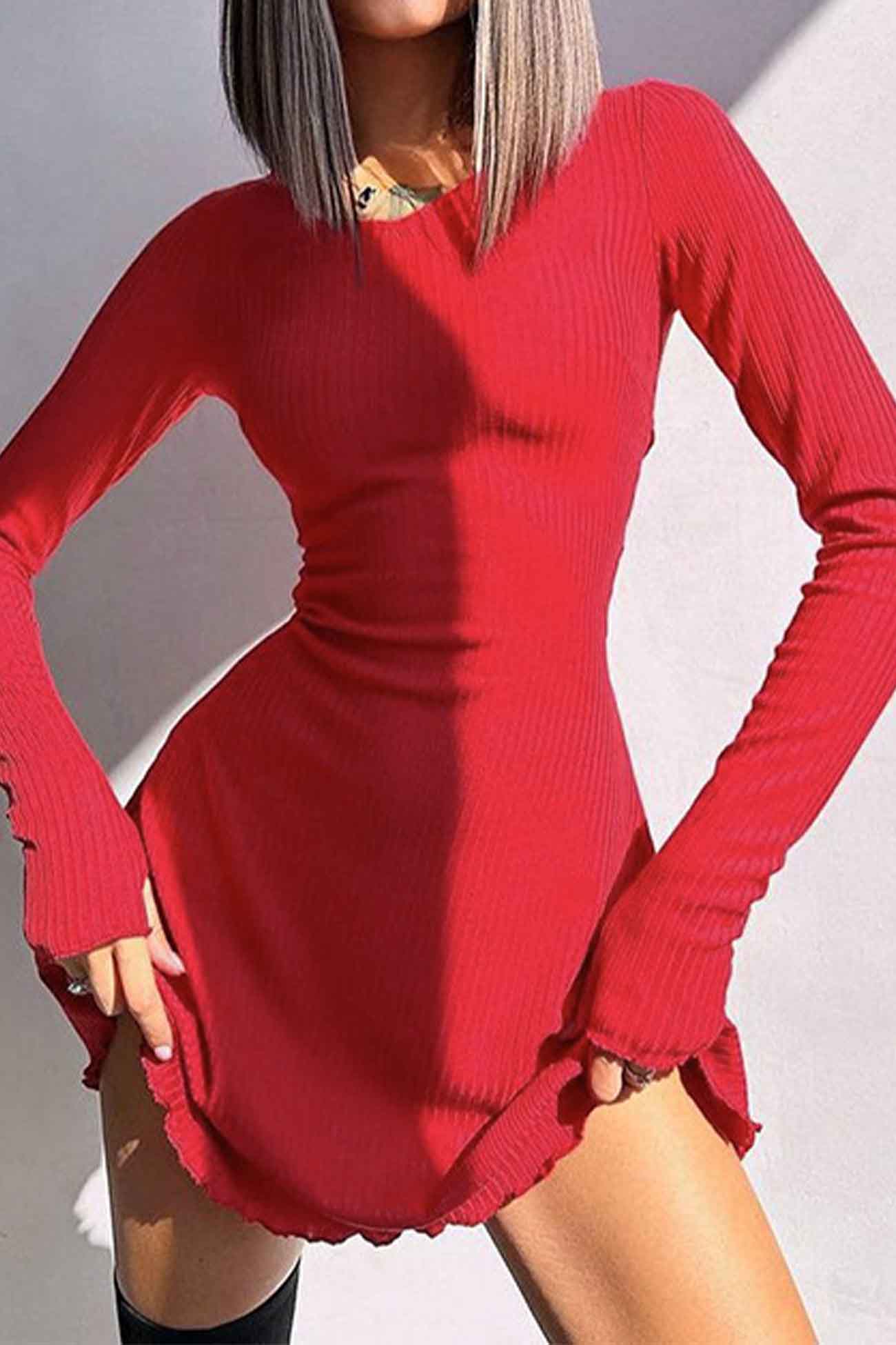 TastyHottie - Crew Neck Back Strap Long Sleeve Mini Dress