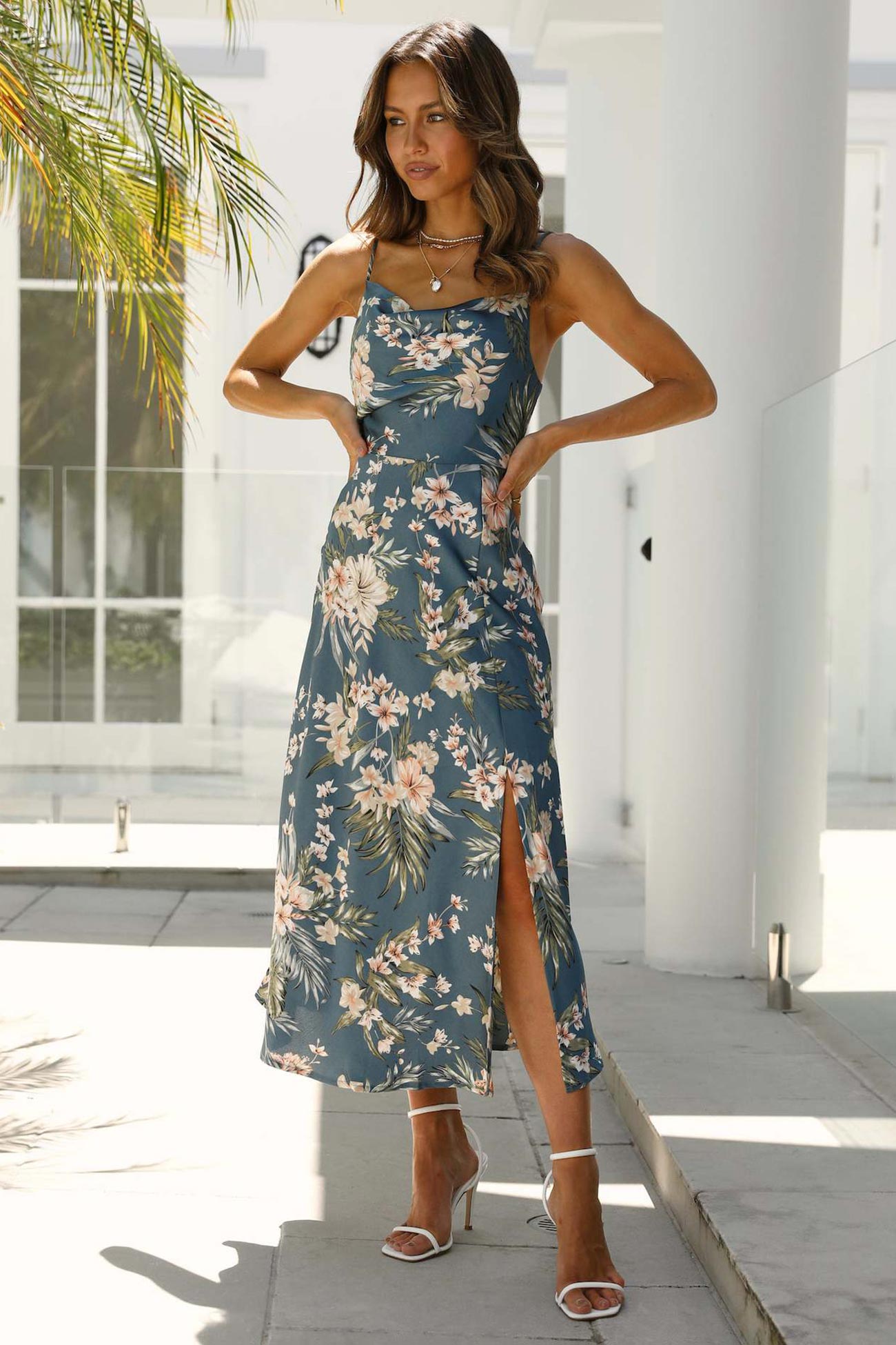 TastyHottie - Satin Cowl Neck Floral Print Slit Cami Dress