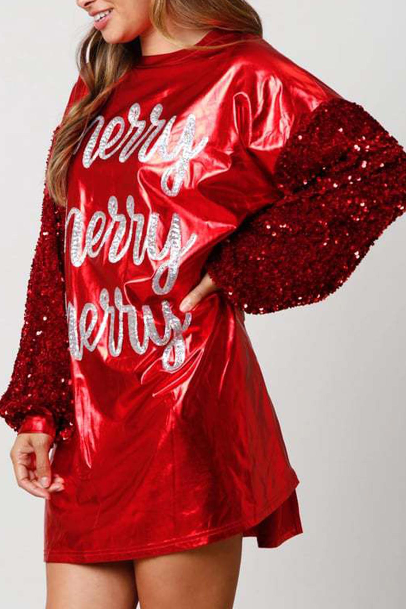 TastyHottie - Sequin Sleeve Letter Graphic Glossy Dress