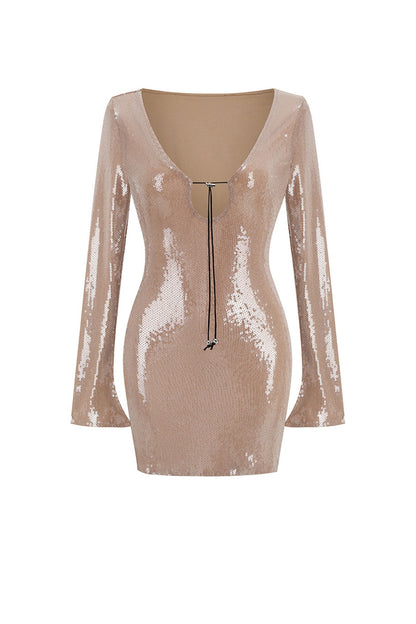 TastyHottie - Sequins V Neck Flares Sleeve Pack Hip Dress