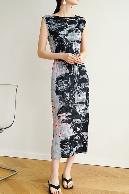 TastyHottie - Sleeveless Side Slit Full Pleated Print Dress