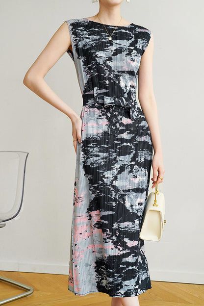 TastyHottie - Sleeveless Side Slit Full Pleated Print Dress