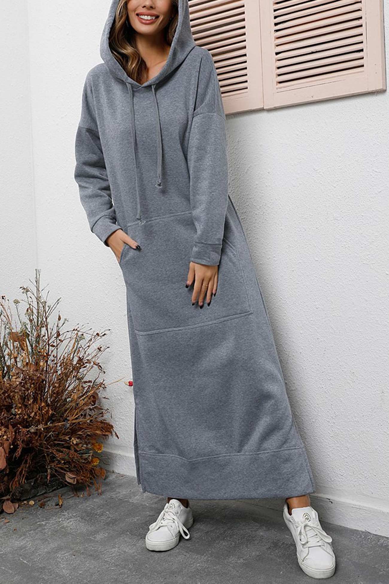 TastyHottie - Solid Pocketed Slit Hem Hoodie Dress