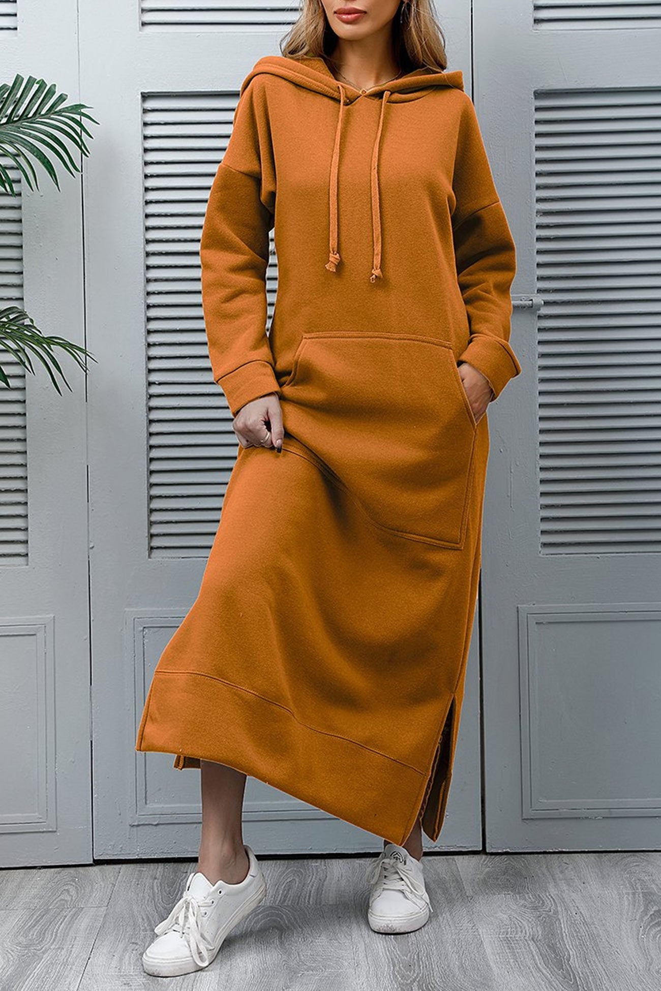 TastyHottie - Solid Pocketed Slit Hem Hoodie Dress