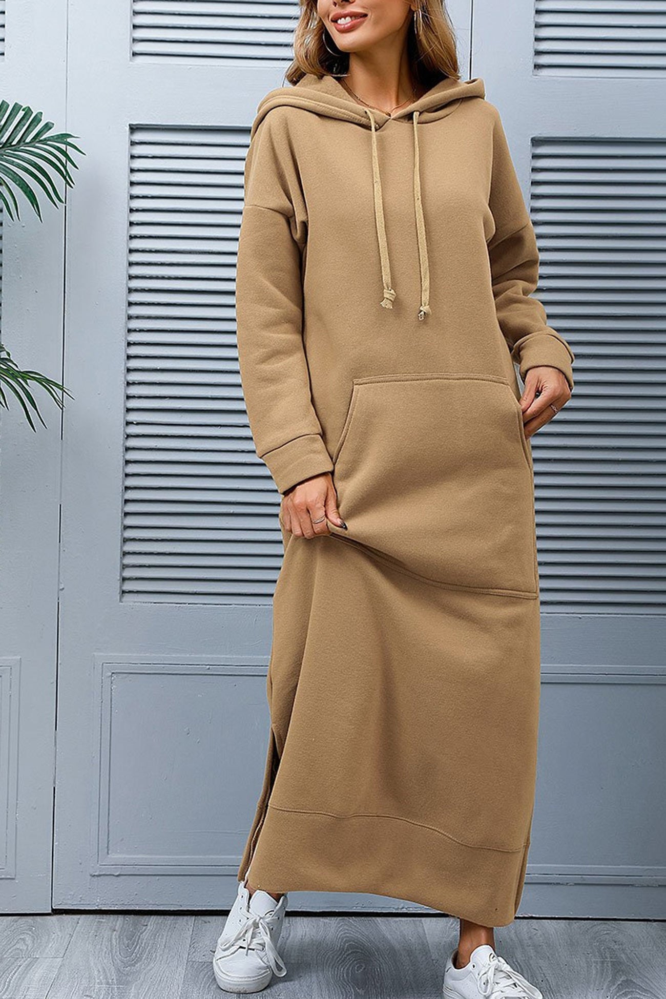 TastyHottie - Solid Pocketed Slit Hem Hoodie Dress