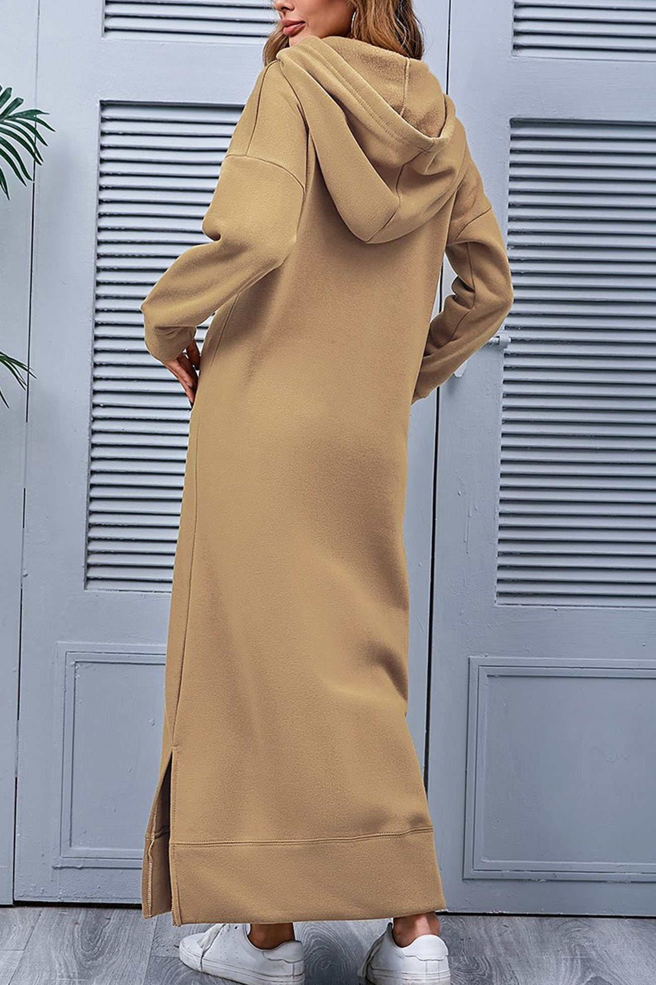 TastyHottie - Solid Pocketed Slit Hem Hoodie Dress