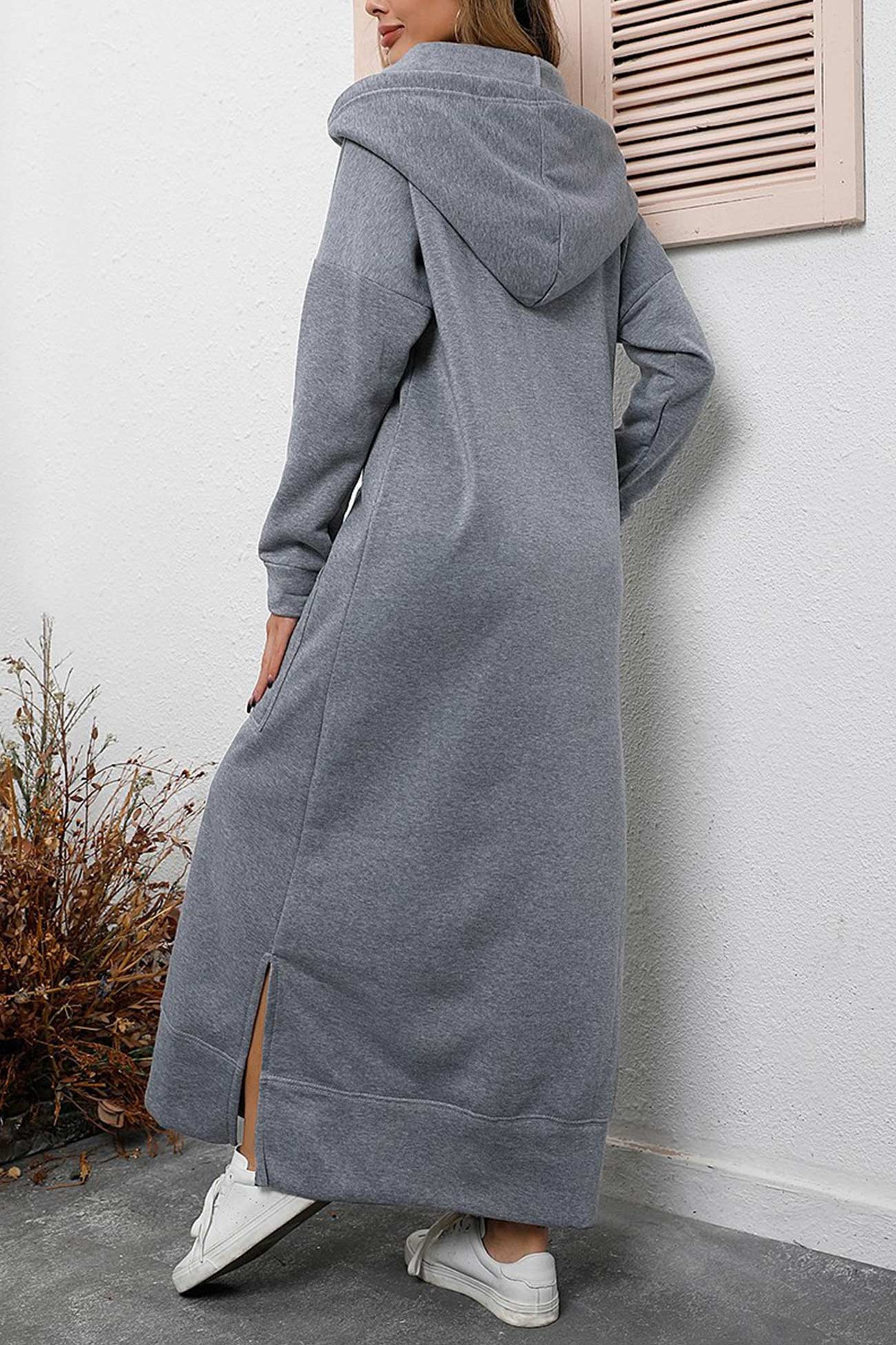 TastyHottie - Solid Pocketed Slit Hem Hoodie Dress